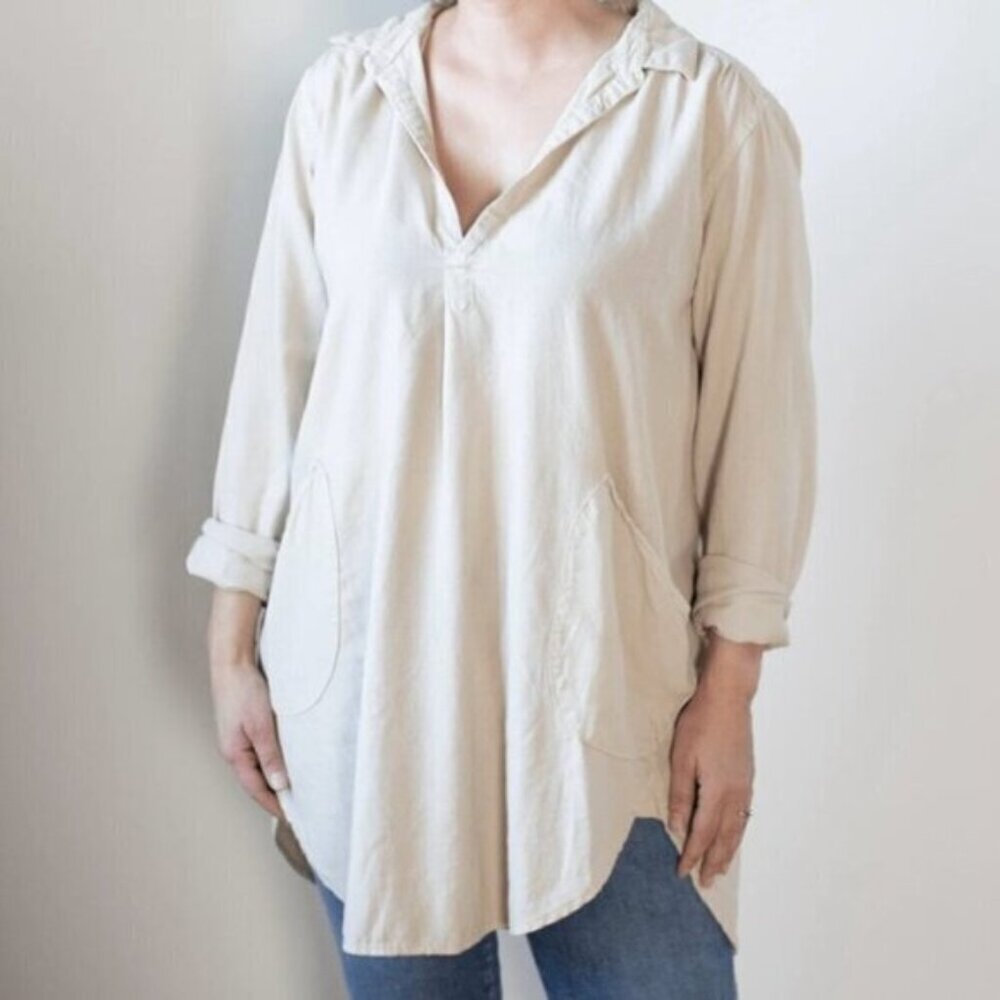 CP Shades Oatmeal Teton Linen Tunic Blouse - S, Oversized!